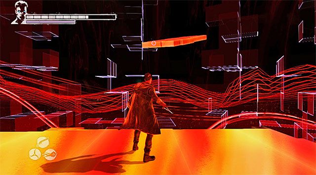 Na początek proponuję rozejrzeć się za pokazaną na powyższym screenie lewitującą platformą, której należy złapać się z użyciem anielskiej wyciągarki - Dotarcie do miejsca rozegrania szóstej rundy | 13 - Devils Dalliance (Igraszki z diabłem) - DMC: Devil May Cry - poradnik do gry