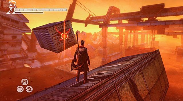 Przeskocz na sąsiedni kontener i użyj demonicznej przyciągarki (Ophion Demon Pull) do odsunięcia drugiego z kontenerów, czyli tego, który znajduje się na drodze samochodu prowadzonego przez Vergila - Przeprawa przez doki | 15 - The Trade (Wymiana) | DMC Devil May Cry - DMC: Devil May Cry - poradnik do gry