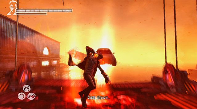 Ustaw się przy czerwonym krysztale i przystąp do wykonywania dobrze poznanych ataków z powietrza, wykorzystując oczywiście demoniczne rękawice Eryx - Przeprawa przez doki | 15 - The Trade (Wymiana) | DMC Devil May Cry - DMC: Devil May Cry - poradnik do gry