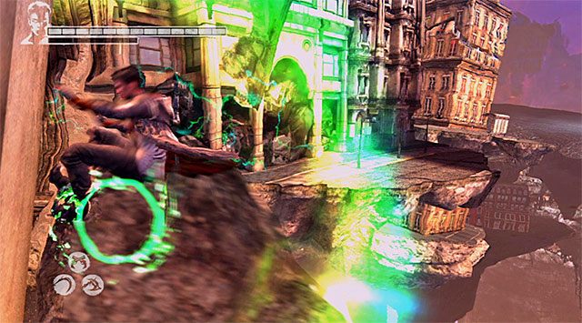 Bądź gotowy do złapania się pierścienia przyśpieszenia z pomocą anielskiej wyciągarki (Ophion Angel Lift) i do odbicia się od pierścienia dzięki wciśnięciu przycisku skoku - Dotarcie do wieży Mundusa | 16 - The Plan (Plan) | DMC Devil May Cry - DMC: Devil May Cry - poradnik do gry