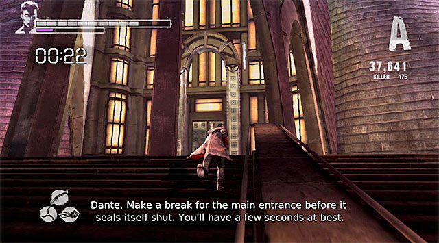 Po obejrzeniu nowej cut-scenki z udziałem Vergila radzę rozprawić się tylko z kilkoma słabszymi potworami i następnie szybko wyruszyć w stronę wieży, bo na dotarcie do wejścia do budynku Mundusa masz zaledwie 30 sekund - Dotarcie do wieży Mundusa | 16 - The Plan (Plan) | DMC Devil May Cry - DMC: Devil May Cry - poradnik do gry