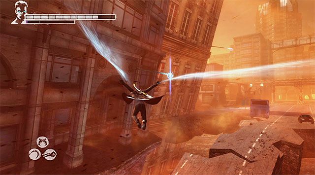 Złap się drugiego zaczepu, po czym uaktywnij anielskie przyśpieszenie żeby dotrzeć do kolejnego zlokalizowanego po lewej stronie (powyższy screen) - Przeprawa przez miasto | 15 - The Trade (Wymiana) | DMC Devil May Cry - DMC: Devil May Cry - poradnik do gry