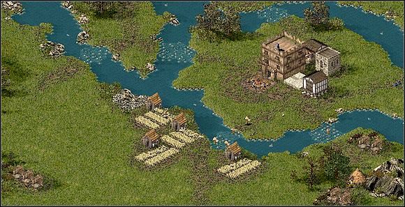 Po przejęciu kontroli nad grodem wybuduj spichlerz (koło magazynu), dwa warsztaty łucznicze i zbrojownie za główną siedzibą - Misja V - Między młotem a kowadłem | Kampania i misje dodatkowe w Twierdza - Twierdza - poradnik do gry