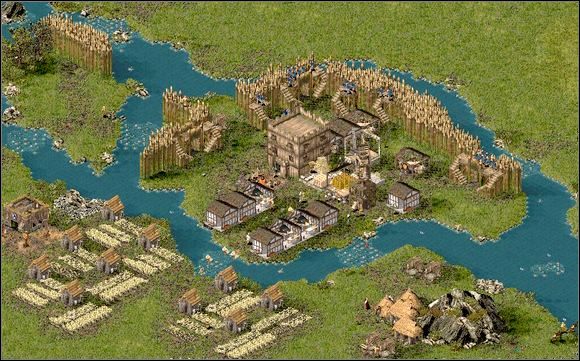 Jak już pewnie zauważyłeś mur jest bardzo gruby, szczególnie w centralnej części, postaraj się zbudować podobny, bo atak katapult jest bardzo silny, a drewno łamie się jak zapałki. - Misja V - Między młotem a kowadłem | Kampania i misje dodatkowe w Twierdza - Twierdza - poradnik do gry