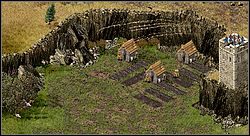 Co pewien czas, w okolicach farm (mały lasek na lewo - zdjęcie) pojawiać się będą stadka zajęcy, gdy tylko to się stanie niezwłocznie zabij je łucznikami z wieży, gdyż sięgają tam strzały - Misja X - Polowanie na węża | Kampania i misje dodatkowe w Twierdza - Twierdza - poradnik do gry