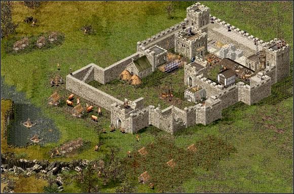 Jak widać na zdjęciu zamek jest już częściowo odbudowany - zrób to samo. Kamień który otrzymasz na starcie ma Ci wystarczyć na całą rundę, dlatego go oszczędzaj. Postaw w niewielkiej odległości od murów sady, by wieśniacy nie musieli daleko chodzić. Kuszników na początku umieść na prawej wieżyczce, później gdy będzie posiadać ich więcej obsadź drugą (nie buduj nowych baszt, tylko odnawiaj te co już są). - Misja XVII - Wędzony boczek wieprzowy | Kampania i misje dodatkowe w Twierdza - Twierdza - poradnik do gry