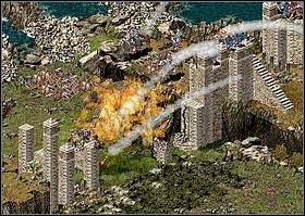 Rozlej smołę blisko murów (ta odpali się po wylaniu oleju) i przede wszystkim za pierwszym murem, na ścieżce prowadzącej na górę - Misja XIX - Wilk w klatce | Kampania i misje dodatkowe w Twierdza - Twierdza - poradnik do gry