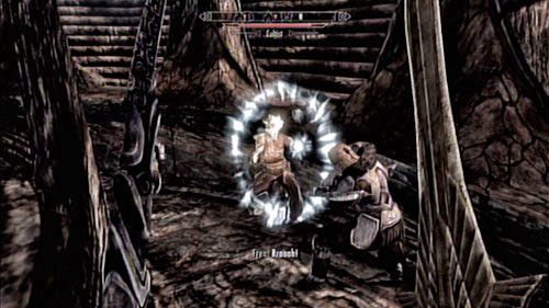 Jeszcze zanim zakończysz rozmowę, wrota do podziemia otworzą się i wyjdą z niego dwaj kultyści - Talk to Frea [Porozmawiaj z Freą] | Świątynia Miraaka | TES V Skyrim Dragonborn - The Elder Scrolls V: Skyrim - Dragonborn - poradnik do gry