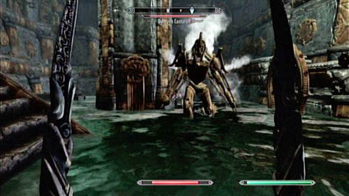 Następnie zejdź na dół i połóż kostkę na czerwonym podwyższeniu - w ten sposób otworzysz schody prowadzące na górę (nie stracisz przy tym urządzenia - czerwone postumenty ich nie przytrzymują) - Restore the steam supply to the Dwemer reading room [Przywróć zasilanie parowe do dwemerskiej czytelni] | Ścieżka mądrości - The Elder Scrolls V: Skyrim - Dragonborn - poradnik do gry