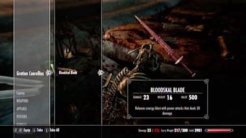 W dzienniku Gratiana znajduje się pewna sugestia - magiczny miecz (Bloodskal Blade), który znalazłeś przy ciele górnika, wydaje się posiadać niezwykłą moc - The Final Descent [Ostateczne zejście] | Wątki poboczne - Raven Rock - The Elder Scrolls V: Skyrim - Dragonborn - poradnik do gry