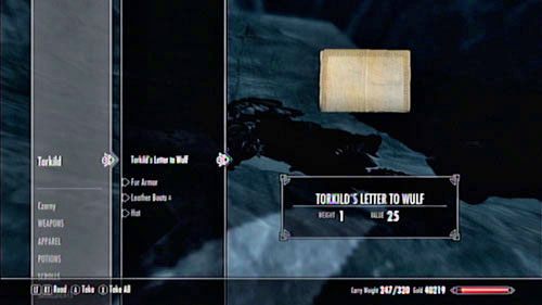 Przyjrzyj się ciału zabietego mężczyzny i wyciągnij z niego list do Wulfa - Filial Bonds [Więzi rodzinne] | Wątki poboczne - Wioska Skaalów - The Elder Scrolls V: Skyrim - Dragonborn - poradnik do gry