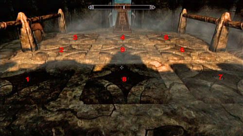 Musisz przejść po płytach naciskowych w pewnej ściśle określonej kolejności - zaznaczonej powyżej - Lost Legacy [Zaginione dziedzictwo] | Wątki poboczne - Wioska Skaalów - The Elder Scrolls V: Skyrim - Dragonborn - poradnik do gry
