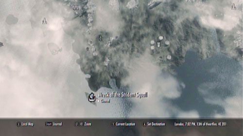 Wrak znajdziesz u południowego krańca wyspy, nieopodal starej farmy Attiusa (Old Attius Farm) - Locate Cindiris Folio from the wreck of the Strident Squall [Odszukaj książkę Cindiri we wraku Piskliwego Szkwału] | Pozostałe zadania - The Elder Scrolls V: Skyrim - Dragonborn - poradnik do gry