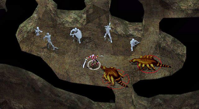 W punkcie [2] czekają na Ciebie dwa większe bazyliszki w otoczeniu kilku zamienionych w kamień nieszczęśników - Morderstwo | Rozdział 6 - zadania główne | Solucja Baldurs Gate - Baldurs Gate: Enhanced Edition - poradnik do gry