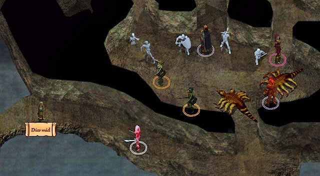 Po rozprawieniu się z bazyliszkami, ustaw swoją drużynę tak jak na powyższym screenie i puść jedną z postaci przodem - Morderstwo | Rozdział 6 - zadania główne | Solucja Baldurs Gate - Baldurs Gate: Enhanced Edition - poradnik do gry