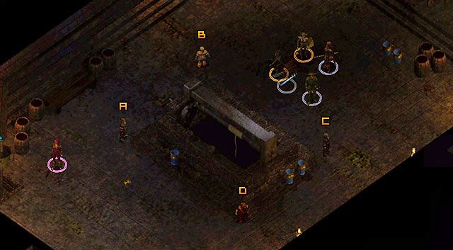 W głównej komnacie znajduje się winda [1] oraz czterech krasnoludzkich strażników, reprezentujących słabości wojownika: Duma [A], Skąpstwo [B], Strach [C] oraz Miłość [D] - Wieża Durlaga- Labirynt Durlaga (poziom 1-2) | Opowieści z Wybrzeża Mieczy - Baldurs Gate: Enhanced Edition - poradnik do gry