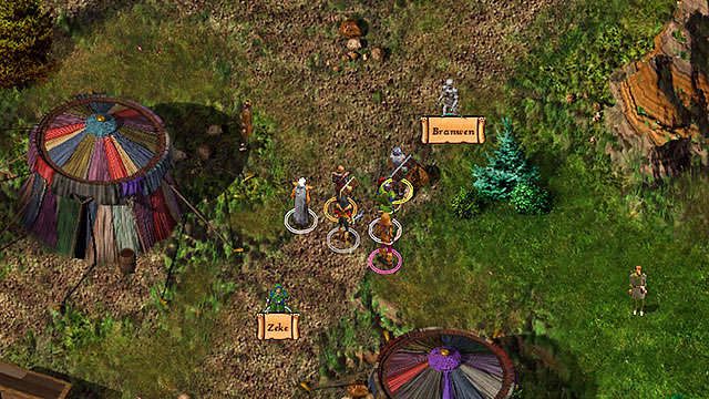 Między namiotami [5] a [6] stoi Zeke [B], niziołek, który zaoferuje Ci magiczny zwój, za pomocą którego możesz odczarować z kamienia stojącą tuż obok kapłankę Branwen [C] - Wizyta w kopalni Nashkel | Rozdział 2 - zadania główne | Solucja Baldurs Gate - Baldurs Gate: Enhanced Edition - poradnik do gry