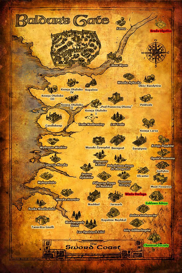 Wszystkie nazwy lokacji, na jakie natkniesz się w niniejszym poradniku znajdziesz również na powyższej mapie - Mapa Wybrzeża Mieczy | Informacje wstępne i porady do Baldurs Gate - Baldurs Gate: Enhanced Edition - poradnik do gry