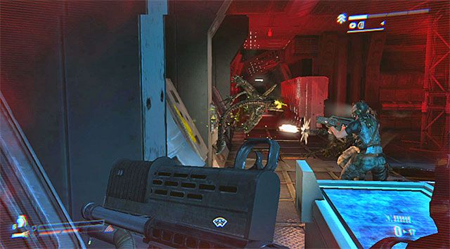 Kieruj się prosto, po czym skręć w lewo, dzięki czemu powrócisz do bazy (jeśli się zgubisz pomagaj sobie wykrywaczem ruchu pokazującym cel podróży) - Wracaj do bazy | Misja 4 - Pogrzebane nadzieje Hadleys Hope - Aliens: Colonial Marines - poradnik do gry