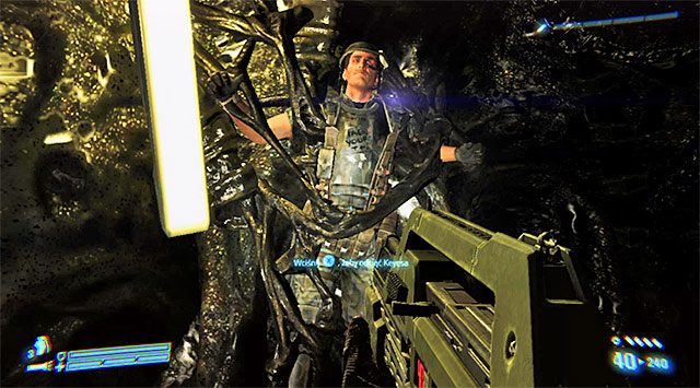 Dokładnie zbadaj okolicę, dzięki czemu zlokalizujesz Keyesa, który jako jedyny jest jeszcze przy życiu - Odetnij Keyesa | Misja 1 - SOS | Aliens Colonial Marines - Aliens: Colonial Marines - poradnik do gry