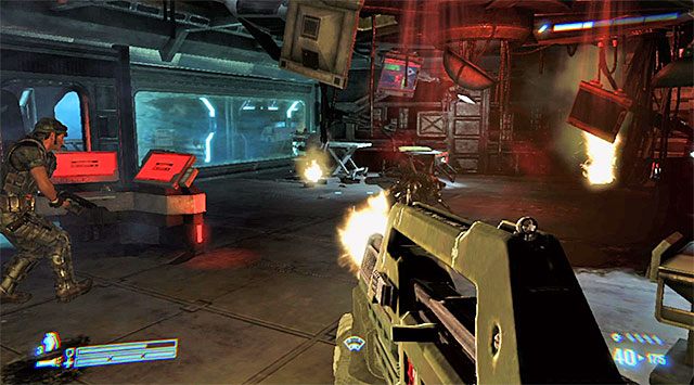 Rozpraw się z kolejnymi ksenomorfami, między innymi tymi, które przedostaną się przez niewielkie lewe okienko - Wycofaj się na Sephorę | Misja 1 - SOS | Aliens Colonial Marines - Aliens: Colonial Marines - poradnik do gry