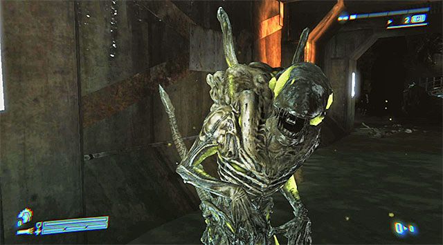 Na nową odmianę obcych po raz pierwszy wpadniesz w miejscu pokazanym na screenie 1 - Wydostań się z kanałów | Misja 5 - Kruk | Aliens Colonial Marines - Aliens: Colonial Marines - poradnik do gry