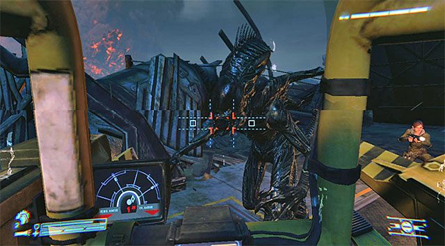 Zacznij oczywiście od szybkiego zajęcia miejsca na pokładzie ładownika - Użyj ładownika, by pokonać ksenomorfa | Misja 5 - Kruk - Aliens: Colonial Marines - poradnik do gry