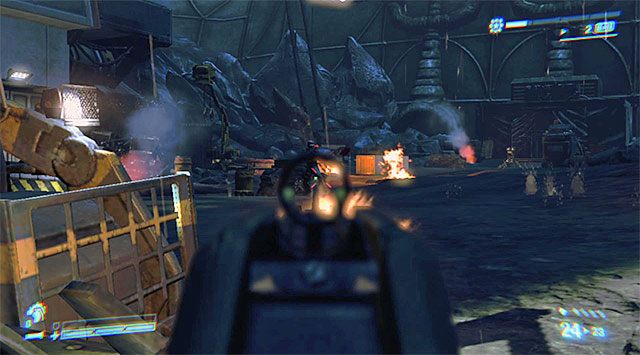 Tuż po rozpoczęciu misji podbiegnij do widocznych w oddali zasłon i dopiero wtedy przystąp do atakowania najemników Weyland-Yutani - Dotrzyj do statku i nie daj mu wystartować | Misja 10 - Wrak odzyskany - Aliens: Colonial Marines - poradnik do gry