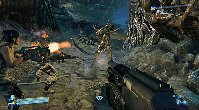 Po zakończeniu pierwszej serii walk spróbuj przedostać się na górny lewy balkonik, na którym powinieneś pozyskać kompletny pancerz - Przedostań się do stacji Weyland-Yutani, by uratować Bellę | Misja 7 - Jeden pocisk - Aliens: Colonial Marines - poradnik do gry