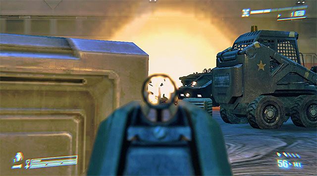 Zadanie to nie jest trudne do wykonania, ale musisz oczywiście ponownie zadbać o to żeby nie ustawić się przypadkowo w miejscu ostrzeliwanym przez pojazd opancerzony - Zapędź transporter pod ładunek dźwigu | Misja 7 - Jeden pocisk - Aliens: Colonial Marines - poradnik do gry