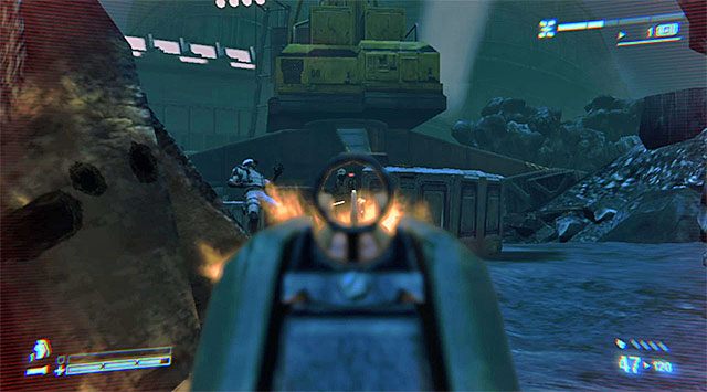 Nie radzę śpieszyć się w drodze do panelu sterowania dźwigiem, bo w okolicy wkrótce pojawi się liczna grupa najemników Weyland-Yutani - Użyj dźwigu, żeby spuścić ładunek na transporter | Misja 7 - Jeden pocisk - Aliens: Colonial Marines - poradnik do gry