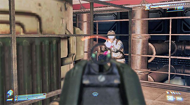 Wyjdź po schodach na górę i po znalezieniu się w nowym obszarze rozpraw się z niewielką grupką uzbrojonych naukowców - Dotrzyj do modułu zasilania i wyłącz go (2) | Misja 7 - Jeden pocisk - Aliens: Colonial Marines - poradnik do gry