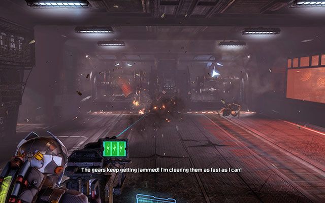 Znajdziesz się w pomieszczeniu z dwoma działkami oraz zablokowanymi przy pomocy wybuchowych beczek przekładniami - Release the shuttle | 6 - Repair to Ride | Dead Space 3 - Dead Space 3 - poradnik do gry
