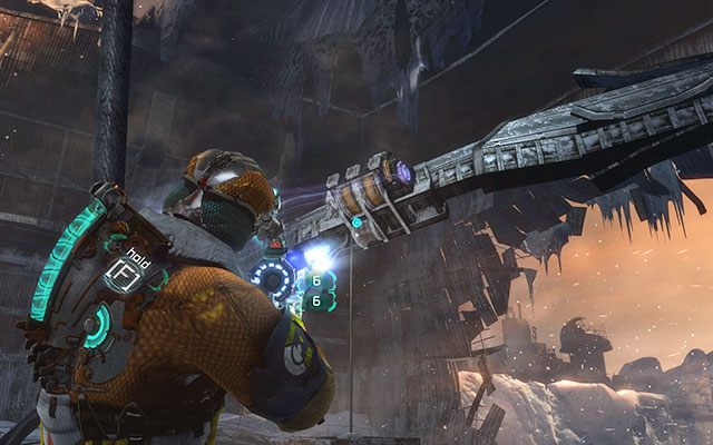 Aby dostać ostatni element musisz podciągnąć windę towarową - do tego celu użyj kinezy na pokrętle, które znajduje się nad Tobą - Collect the Probe components | 10, 11 - Now We Know / Signal Hunting - Dead Space 3 - poradnik do gry