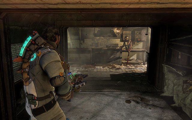 Po zjechaniu na dół przejdź przez jedyne możliwe wrota - znajdziesz się w kuchni - Locate a suit kiosk | 8, 9 - Off the Grid / Onward | Dead Space 3 - Dead Space 3 - poradnik do gry
