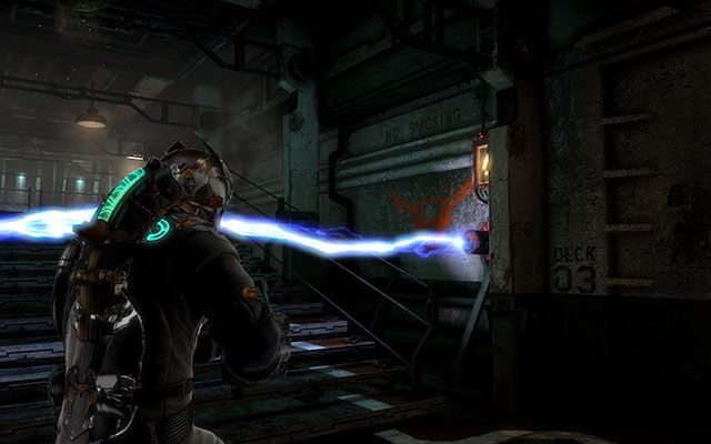 Po przejściu przez bramę czeka cię kolejna wiązka - panel znajduje się po prawej stronie za filarem - Locate Edwards | Conning Tower - zadanie poboczne | Dead Space 3 - Dead Space 3 - poradnik do gry