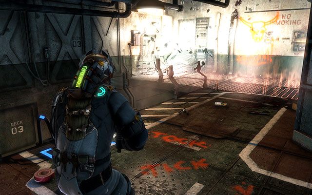 Przejdź korytarzem dalej, aż trafisz do pomieszczenia z drabiną - po prawej znajdziesz szafki - Disable Edwards traps | Conning Tower - zadanie poboczne | Dead Space 3 - Dead Space 3 - poradnik do gry