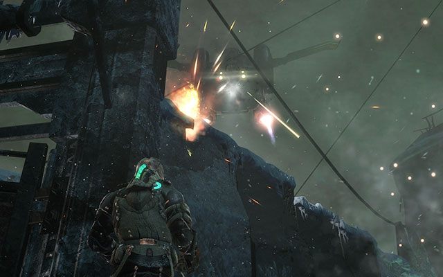 Dalszej drogi strzeże patrolujący samolot - staraj się uważnie kroczyć na przód, nie wchodząc w zasięg reflektora - Collect the Rosetta samples - Geology sector | 14 - Everything Has Its Place - Dead Space 3 - poradnik do gry