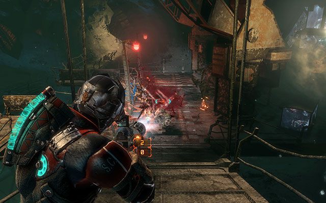 Po opuszczeniu pokoju powinieneś dostrzec kolejny mechanizm z linami - po zrobieniu kilku kroków zostaniesz zaatakowany przez sporą hordę Nekromorfów - 16 - What Lies Below - Follow Danik down the Research Silo | 16, 17 - What Lies Below / A Strange City - Dead Space 3 - poradnik do gry