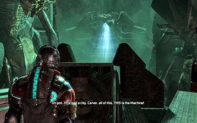 Na wprost siebie, tuż za kolumnami, powinieneś zauważyć, ze wysunął się slot z Codex-em - gdy go przekręcisz otworzysz portal - Activate the Alien Conduit | 16, 17 - What Lies Below / A Strange City - Dead Space 3 - poradnik do gry