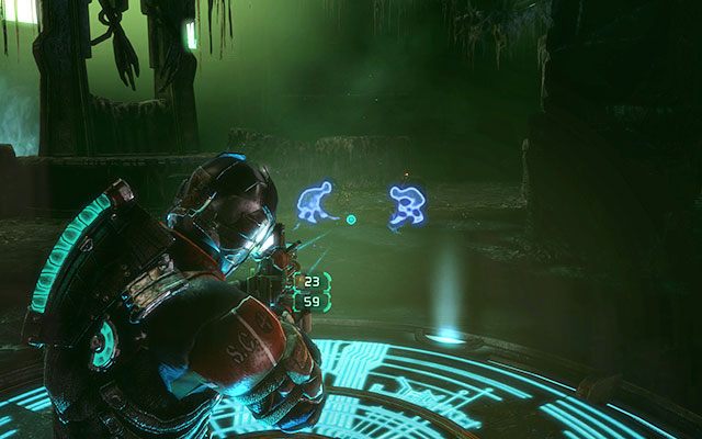 Przed wejściem do ogromnego pomieszczenia, na środku którego znajduje się posąg, znajdziesz okrągłą platformę - gdy na niej staniesz siła kinezy i stazy zwiększy się - Bring the Codex to the Machine #2 | 16, 17 - What Lies Below / A Strange City - Dead Space 3 - poradnik do gry