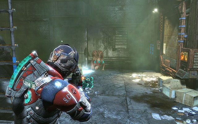 Zejdźcie po drabinie na dół - zauważycie dziwnego, klęczącego, stwora - Archeology - Investigate the warehouses secrets | Zadania kooperacyjne - Dead Space 3 - poradnik do gry