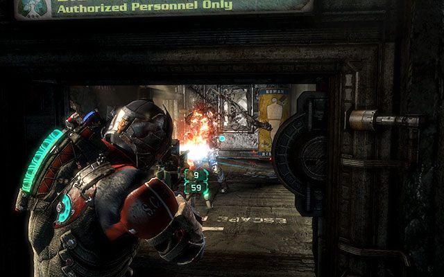 Następny korytarz, z kilkoma szafkami, prowadzi do kolejnego silosu - ponownie obróćcie kładkę o 180 stopni, by przedostać się dalej - Marker Containment - Investigate Carvers vision | Zadania kooperacyjne - Dead Space 3 - poradnik do gry