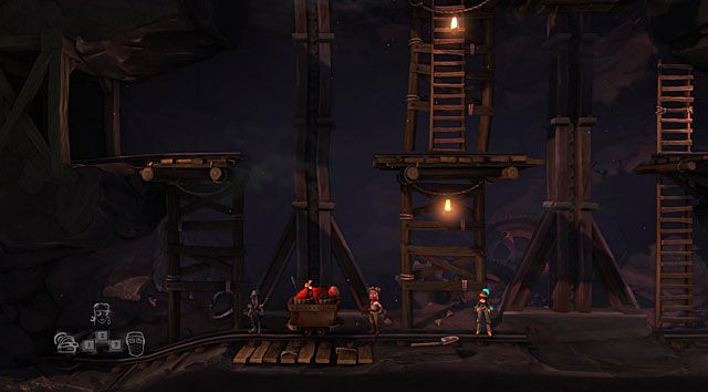 Następnie wejdź trzecia postacią na kładkę z lewej strony, która podjechała wcześniej na samą górę tak, by opadła ona na sam dół po czym wtocz na nią wagonik - Kopalnia | Jaskinia (sekcje ogólnodostępne) w The Cave - The Cave - poradnik do gry