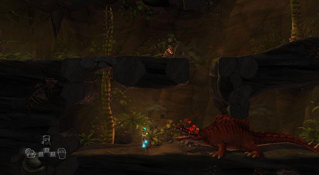 Podróżniczką w czasie przenieś się do przeszłości za pomocą wehikułu czasu i zejdź do miejsca, gdzie znajduje się żywy dinozaur, po czym zwab go w lewo dzięki zapachowi - The Time Traveller | Obszary dla określonych bohaterów w The Cave - The Cave - poradnik do gry