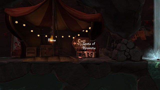 Po wyjściu z wody weź ze skrzyni (Crate of Dynamite) laskę dynamitu, odpal ją od pochodni (Flame) i podrzuć przy stercie kamieni po prawej stronie - The Hillbilly | Obszary dla określonych bohaterów w The Cave - The Cave - poradnik do gry