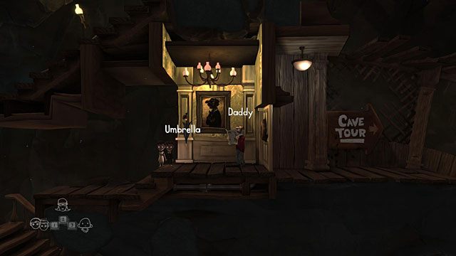 Przeskakując po platformach wejdź do domu i biegnij do jego prawej części, w której znajduje się obecnie zablokowane przejście dalej i ojciec (Daddy) czytający gazetę - The Twins | Obszary dla określonych bohaterów w The Cave - The Cave - poradnik do gry