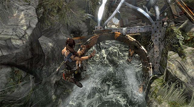 Tuż po tym jak Lara znajdzie się nad wodą po raz ostatni wciśnij przycisk/klawisz uniku - Wybierz się do obozu rozbitków | 20 - Szybka droga na dół | Solucja Tomb Raider - Tomb Raider - poradnik do gry