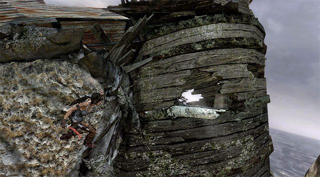 Po udanym lądowaniu wykonaj skok w stronę poziomej belki - Dotrzyj do galeonu | 21 - Życie pirata | Solucja Tomb Raider - Tomb Raider - poradnik do gry