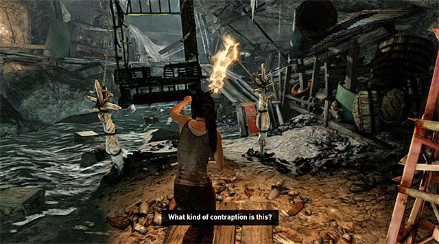 Przystąp do eksploracji tej jaskini, pozostając na drewnianych kładkach i zatrzymując się przy pokazanych na screenie dwóch drewnianych palach, do których przywiązane są liny - 2 - Siła woli - Znajdź wyjście | 1 - Przetrwaj, 2 - Siła woli | Tomb Raider - Tomb Raider - poradnik do gry